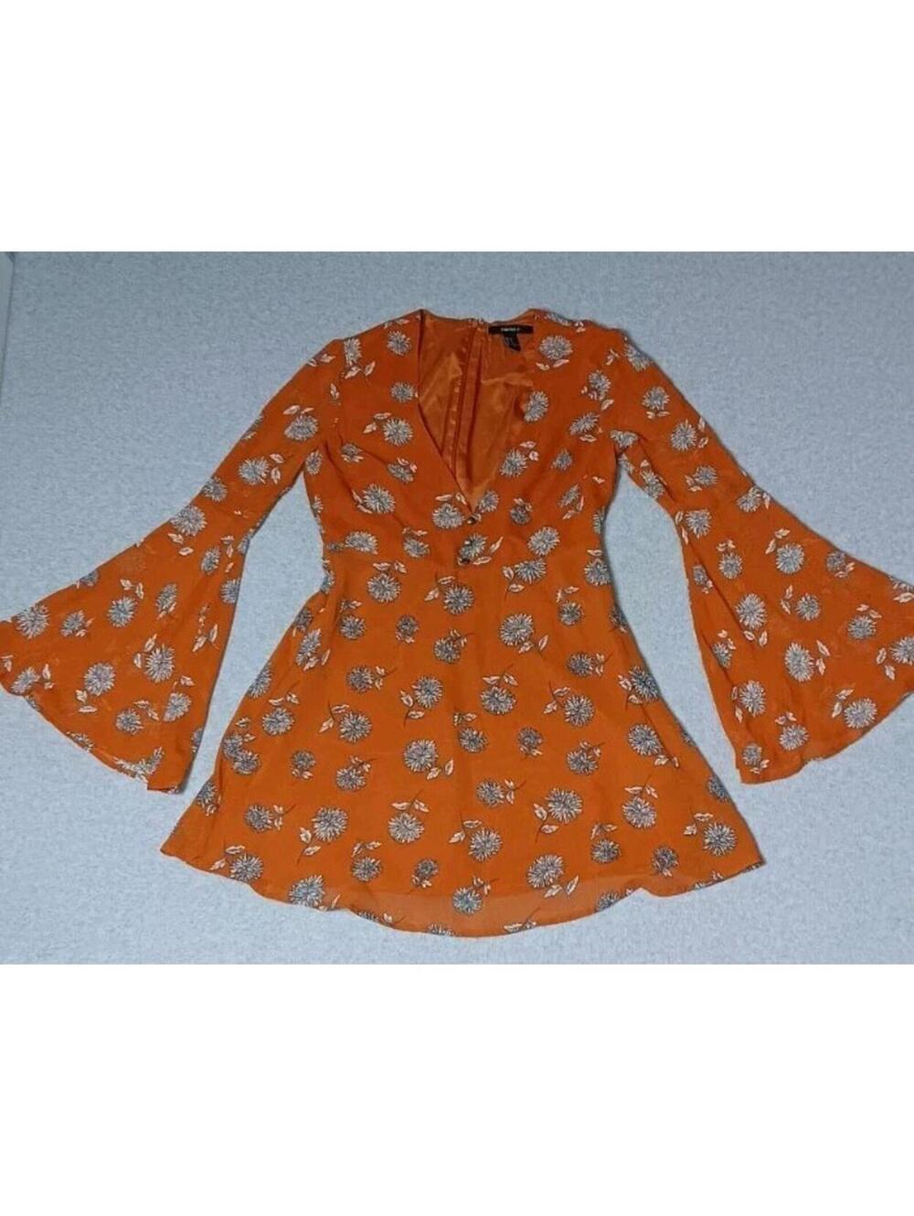 Forever 21 Mesh Overlay Bell Sleeve Mini Dress Womens Size Small Burnt Orange...